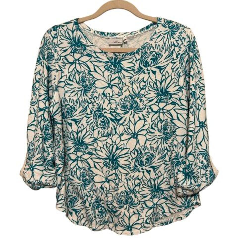 Hot Cotton Floral Top Womens Medium Teal Green White Lagenlook Art Colorful